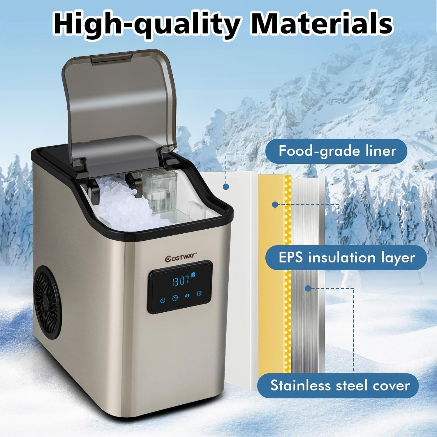 Nugget Ice Maker Countertop 24kg/24H Self Cleaning Timer 2.5L Tank