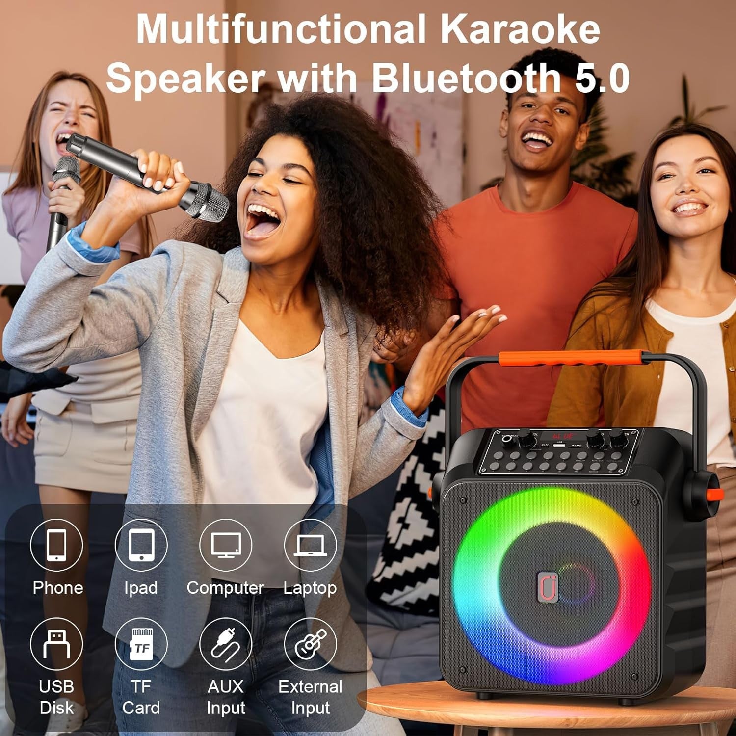 Bluetooth Karaoke Machine with 2 Wireless Mics 6.5" Subwoofer LED