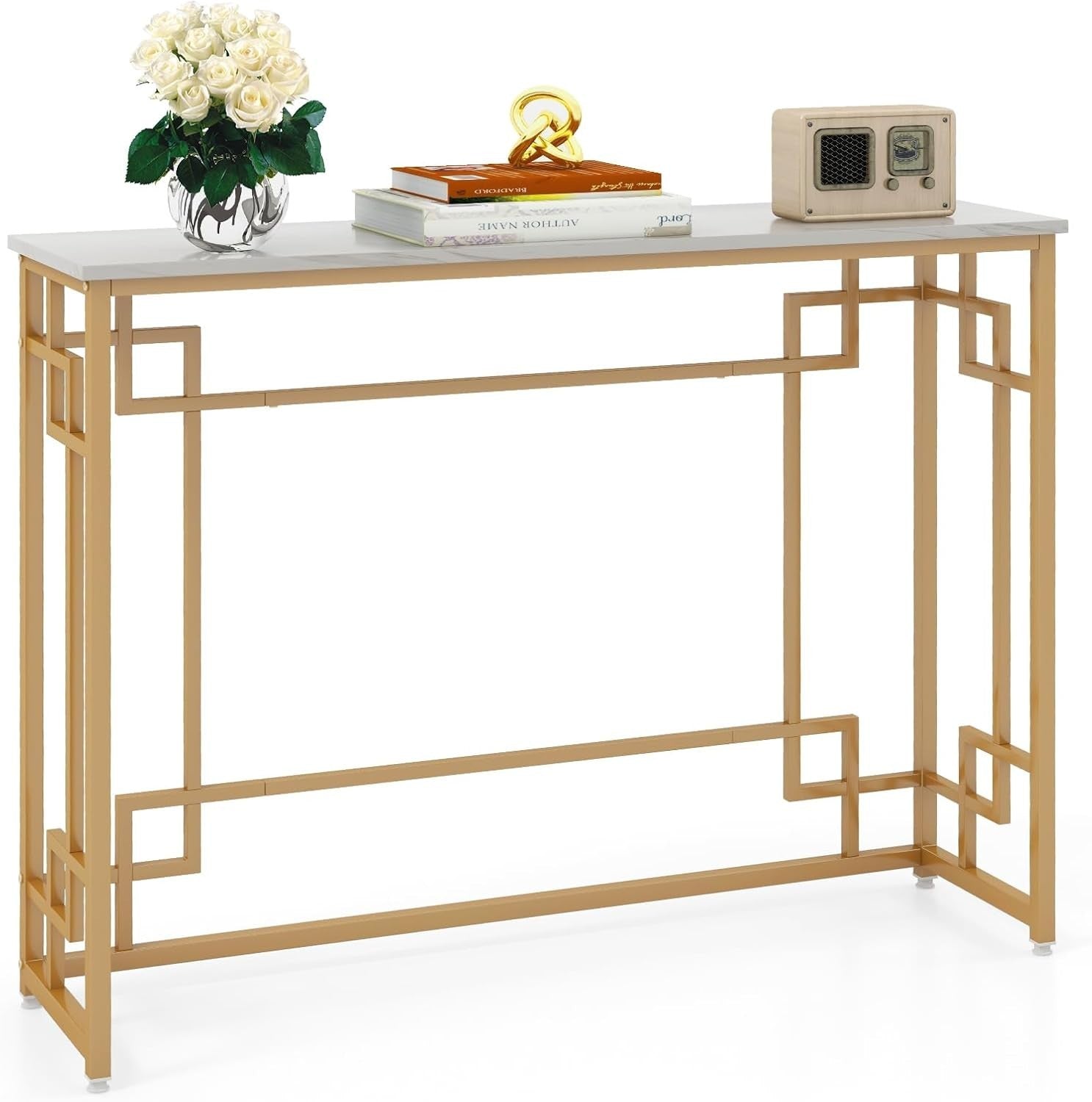 Slim Faux Marble Console Table with Gold Metal Frame – 110cm Wide, Anti-Tip