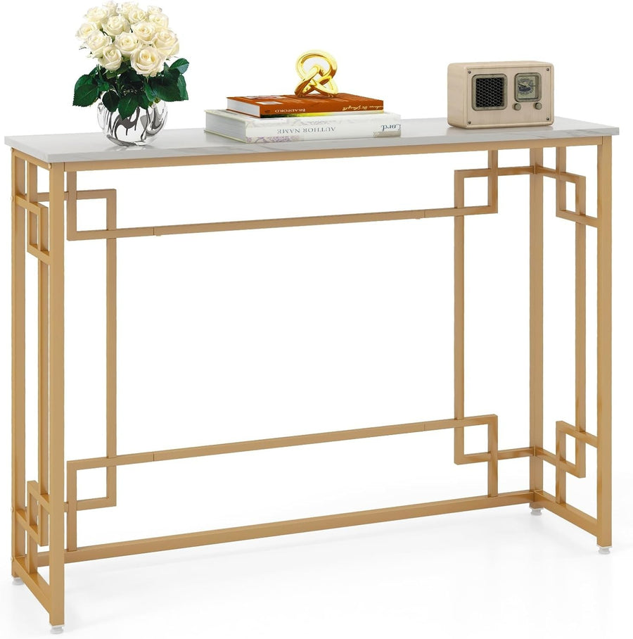 Slim Faux Marble Console Table with Gold Metal Frame – 110cm Wide, Anti-Tip