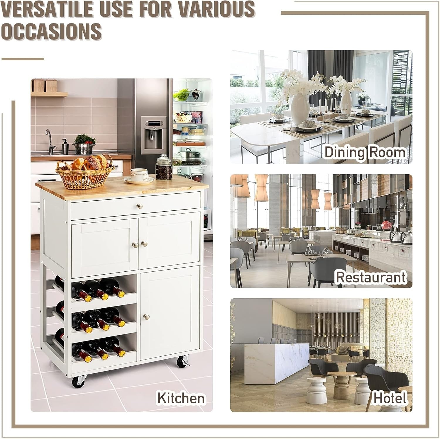 Luxury Kitchen Storage Trolley on Wheels with Drawer & Wine Rack, 37x67x86cm