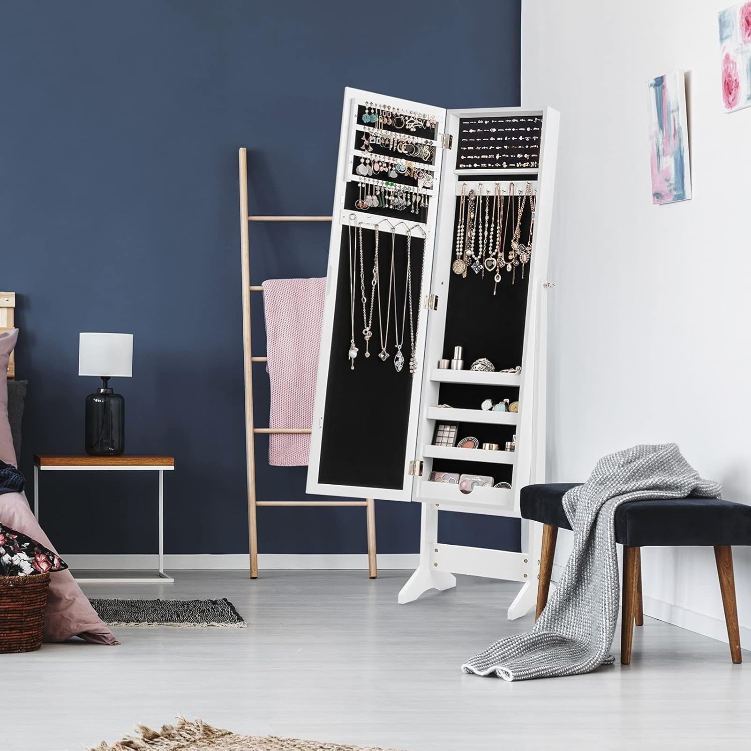 White Freestanding Jewelry Cabinet Full Length Mirror Adjustable Organizer