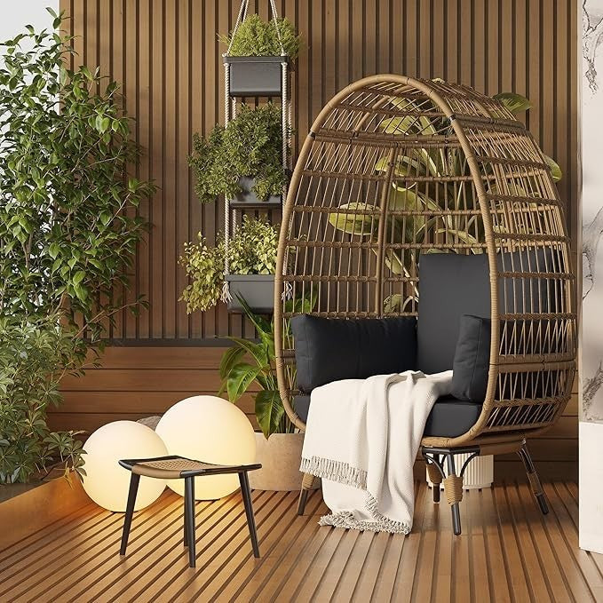 Oversized Wicker Egg Chair Outdoor Patio Lounge with Cushions 350lbs Capacity