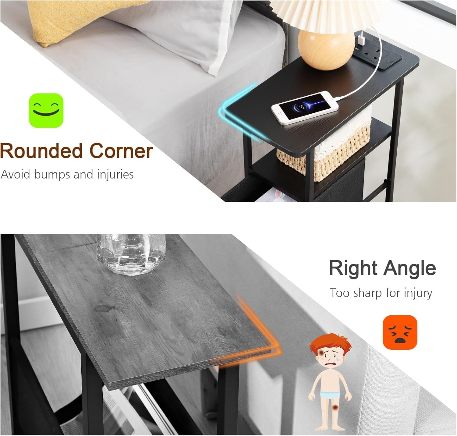 Slim Bedside Table with Charging Station, 2 Fabric Drawers & Open Shelf Storage