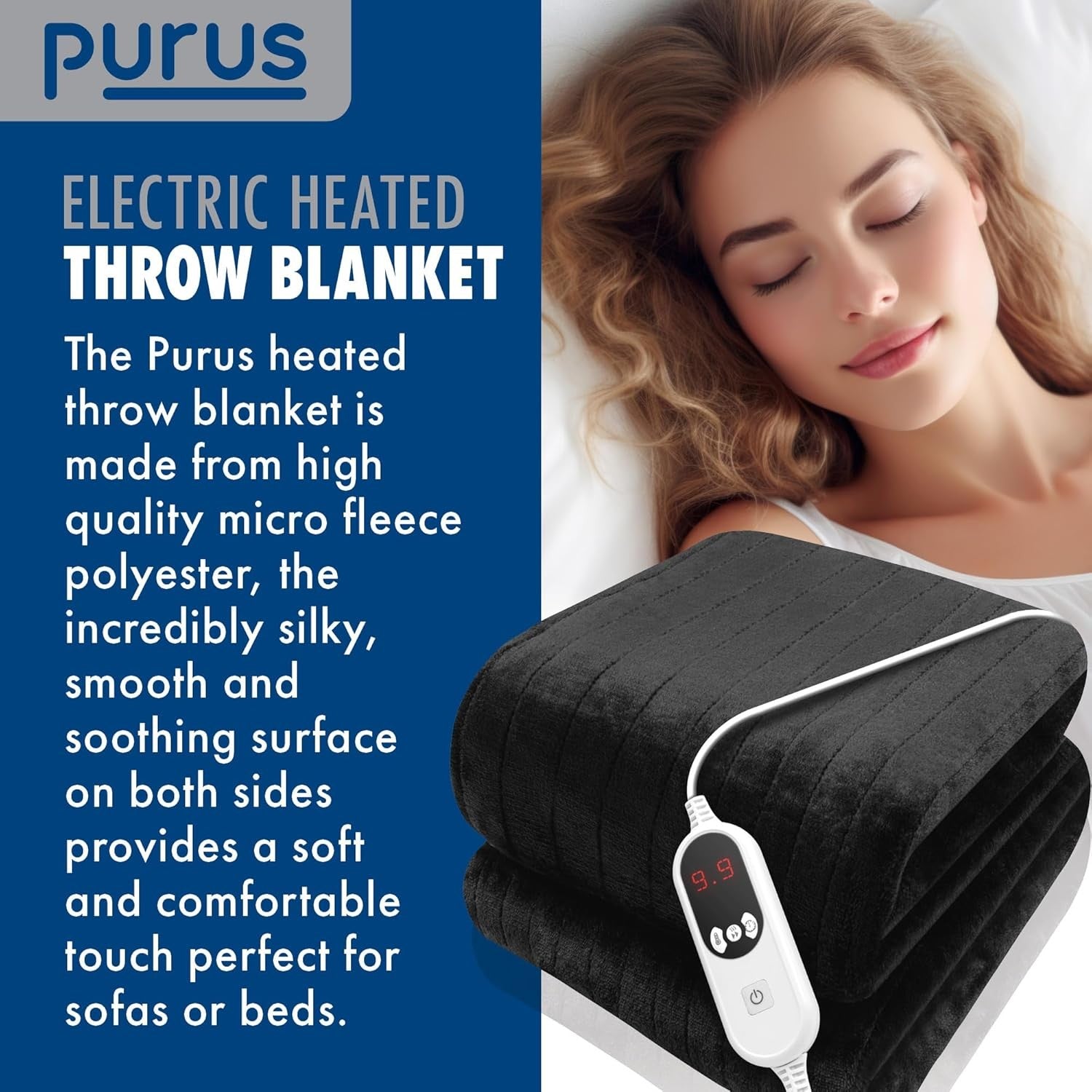 Electric Heated Throw Blanket XL 9 Heat Settings Timer Washable Black