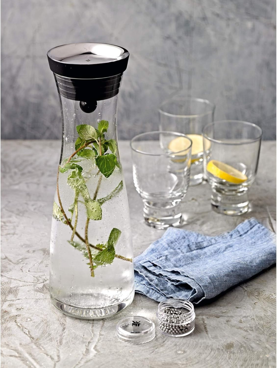 1L Glass Water Decanter with Stainless Steel Close-Up Lid – Slim 29cm Carafe