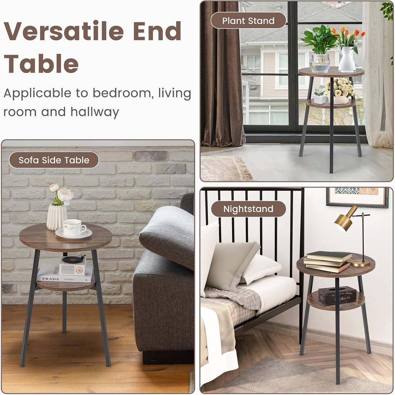 Round Industrial Side Table with Storage Shelf, Slim 2-Tier Coffee Nightstand
