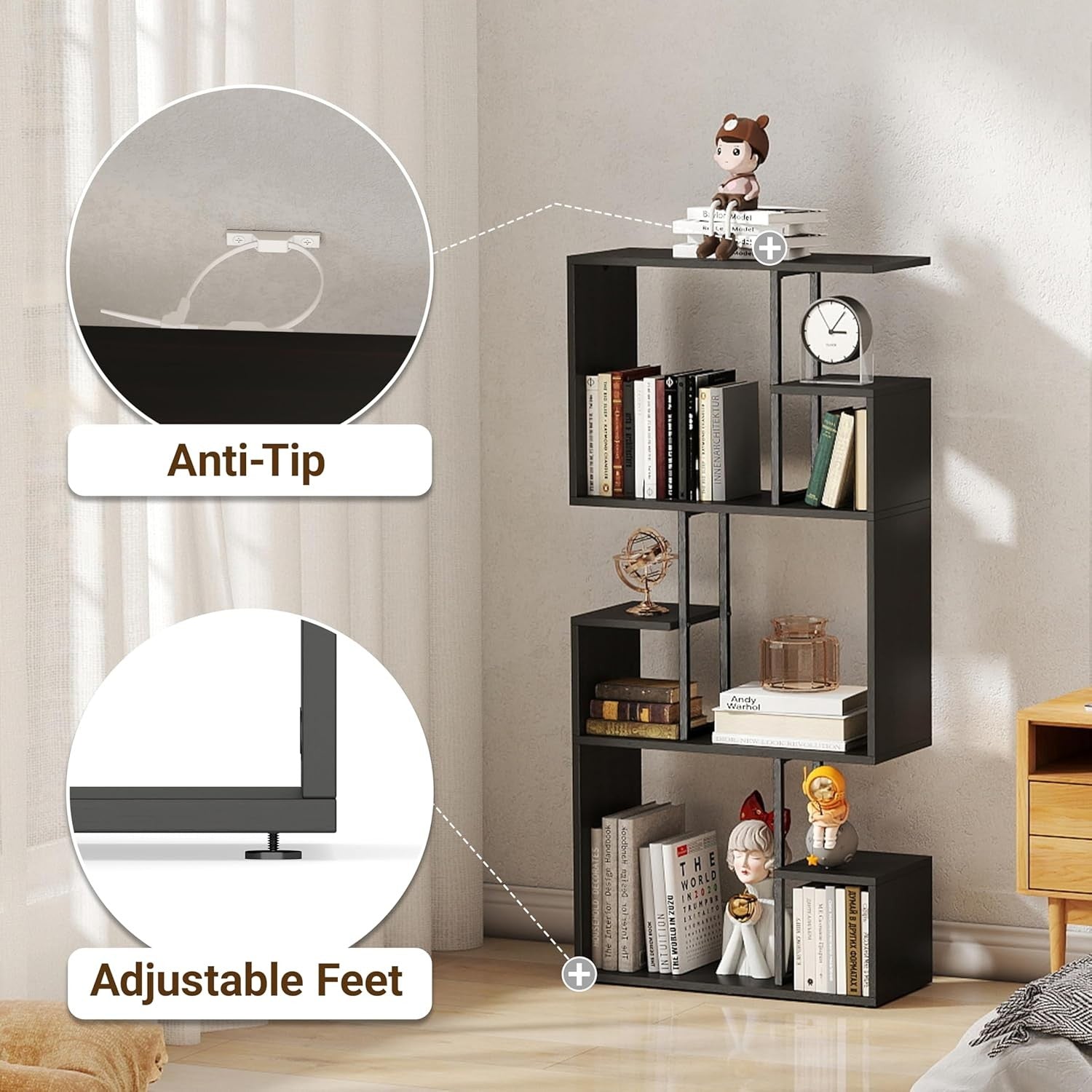 Modern 3-Tier Slim Bookcase Room Divider, Asymmetric Display Storage Unit