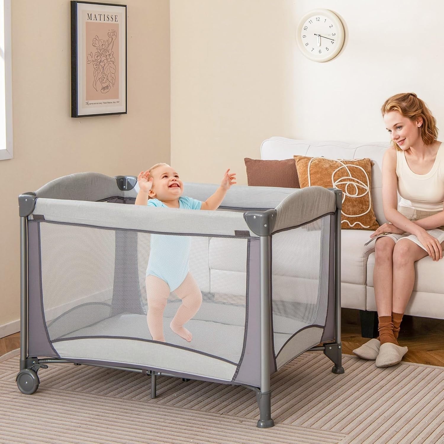 5in1 Baby Travel Cot Foldable Crib with Mattress, Changer & Storage Grey