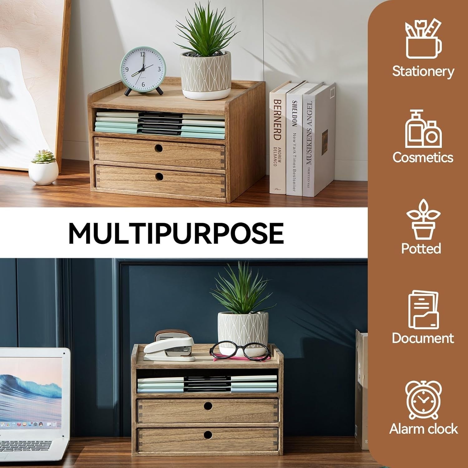 Wood Desktop Organizer with Drawers & Shelves | Home Office Storage Box