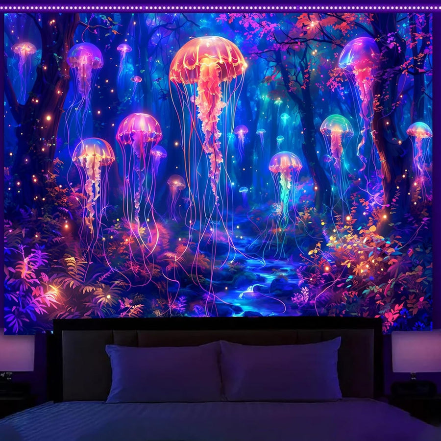 UV Reactive Jellyfish Tapestry Wall Art Neon Glow in Dark Decor