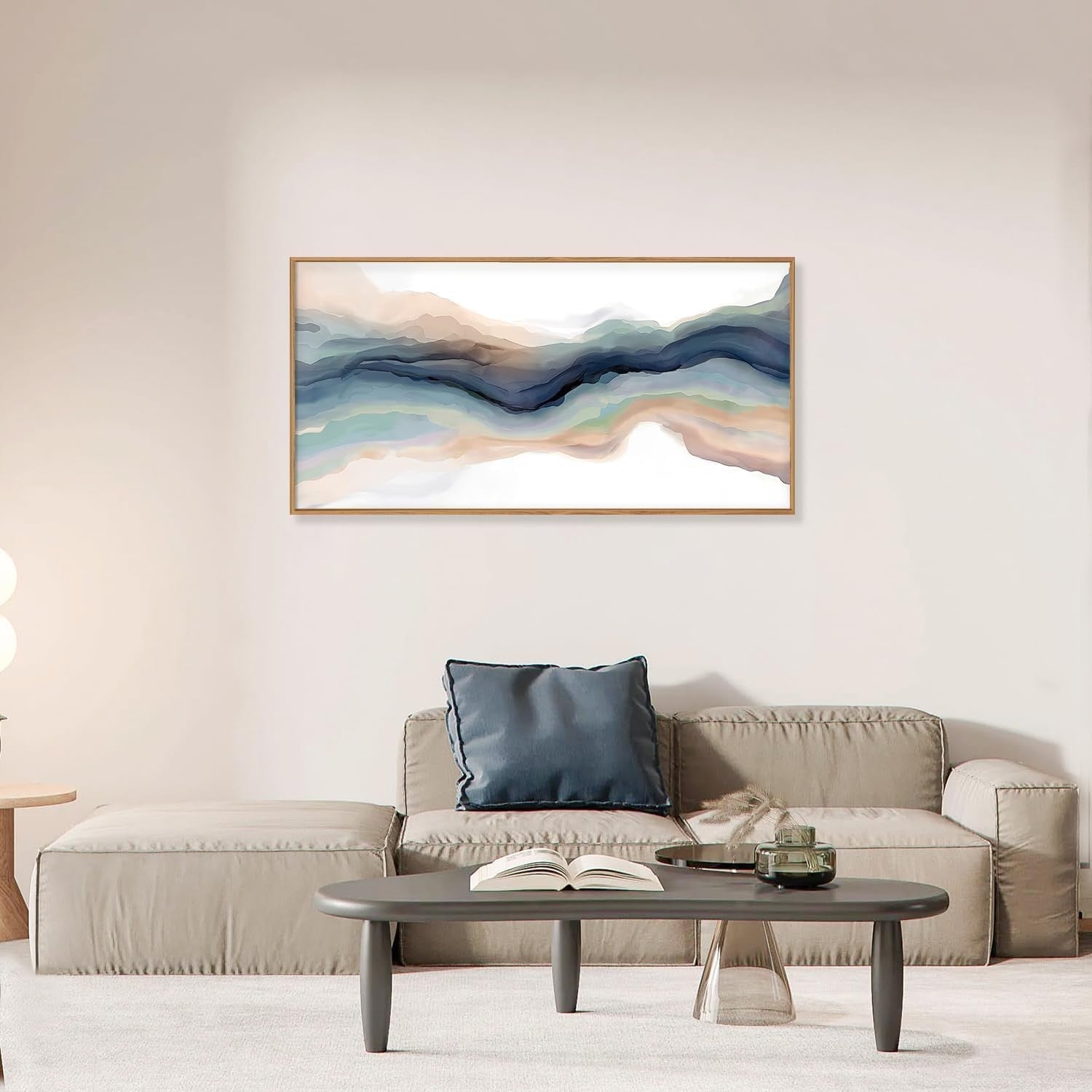 Blue Abstract Line Framed Canvas Wall Art Modern Watercolor Wave 20x40