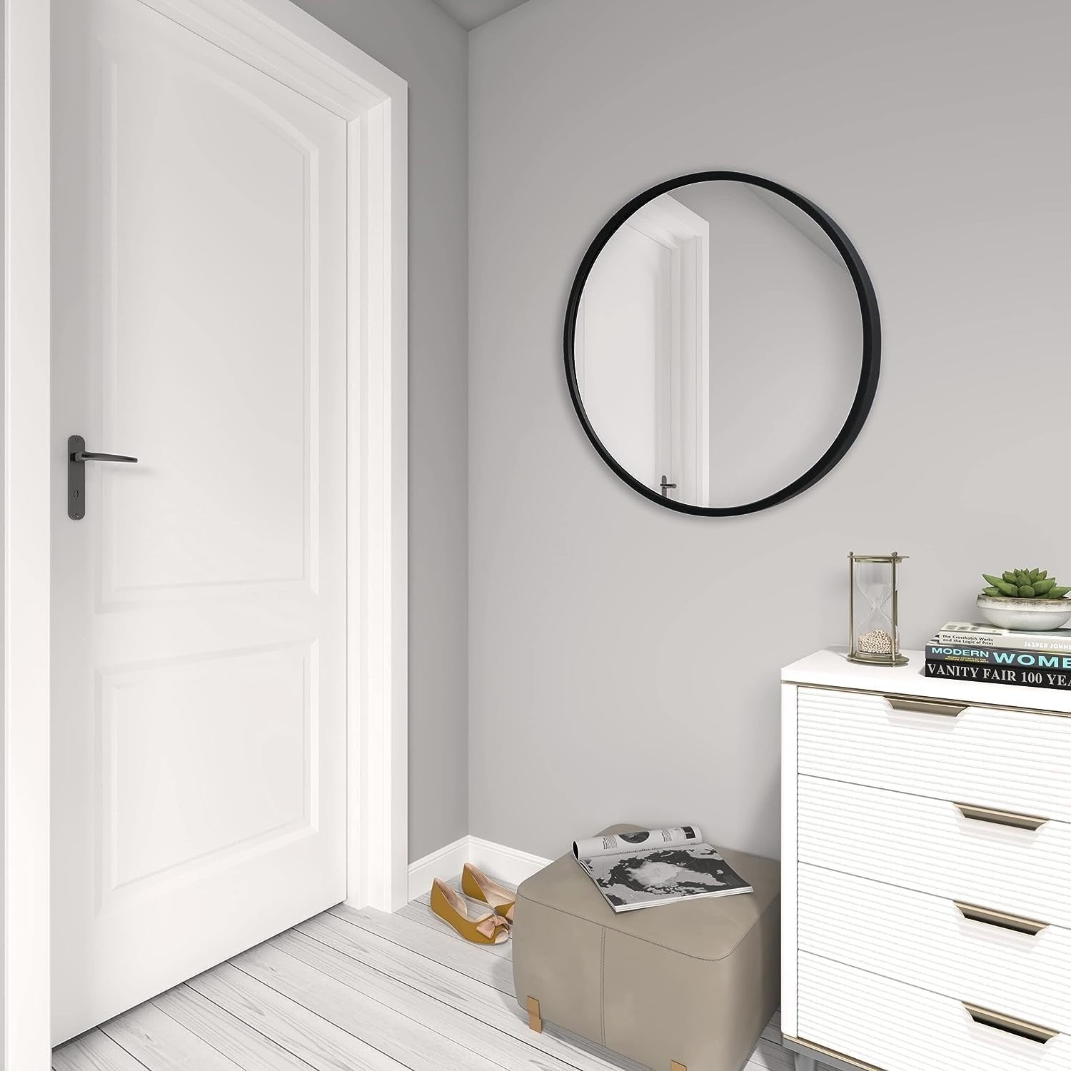 Round Wall Mirror 80cm Black Frame Bathroom Vanity Living Room Modern