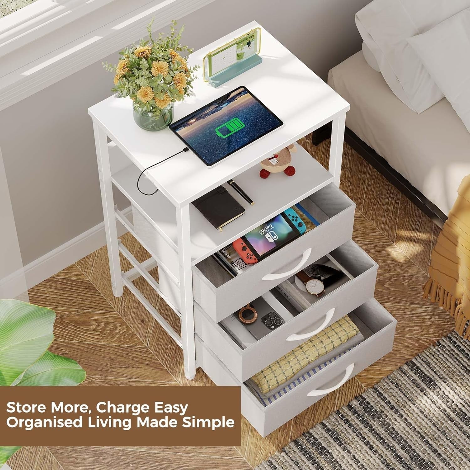 Set of 2 White LED Bedside Tables with USB Charging | 3-Drawer Modern