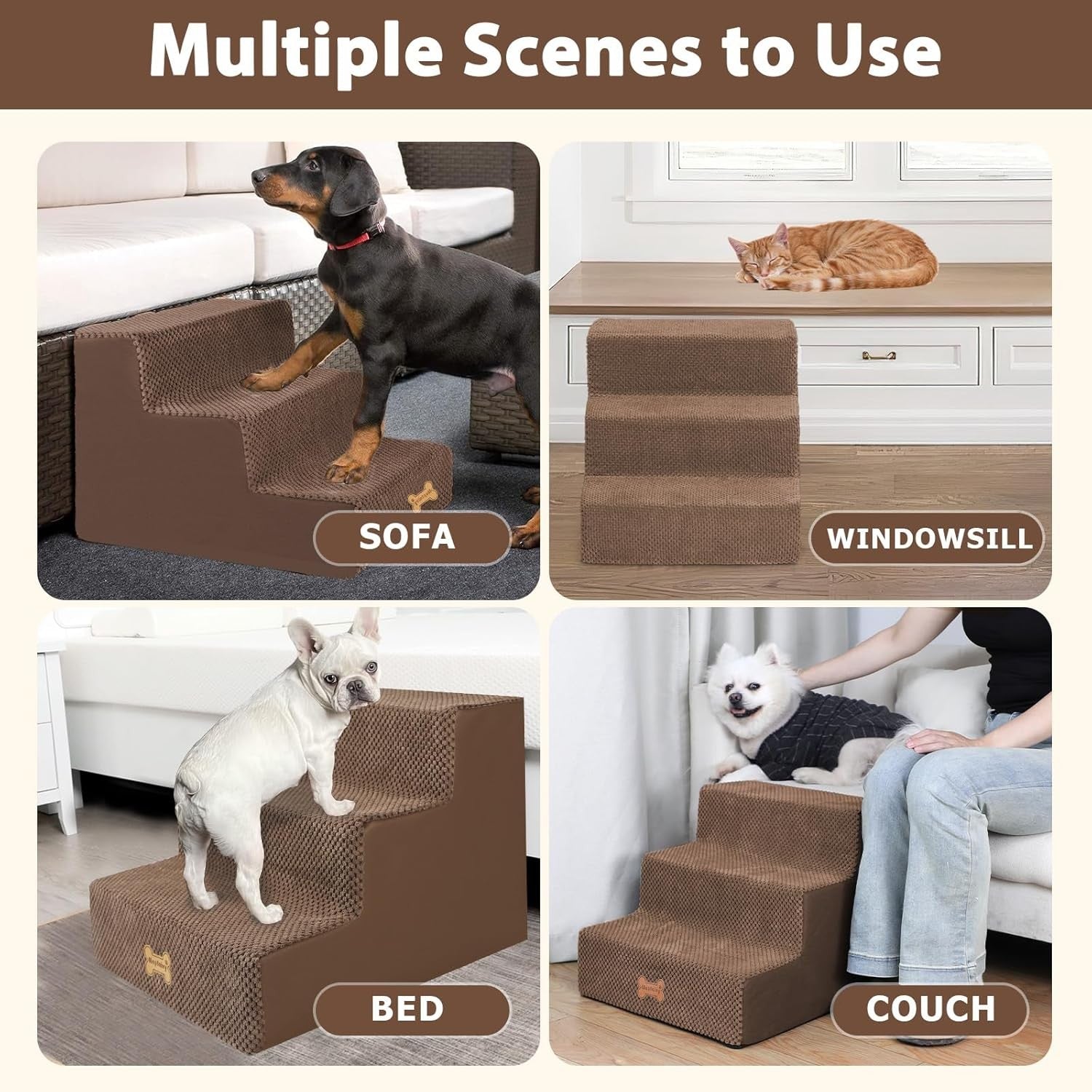 3-Step Dog Stairs Non-Slip Pet Ramp for Small Dogs Cats Brown