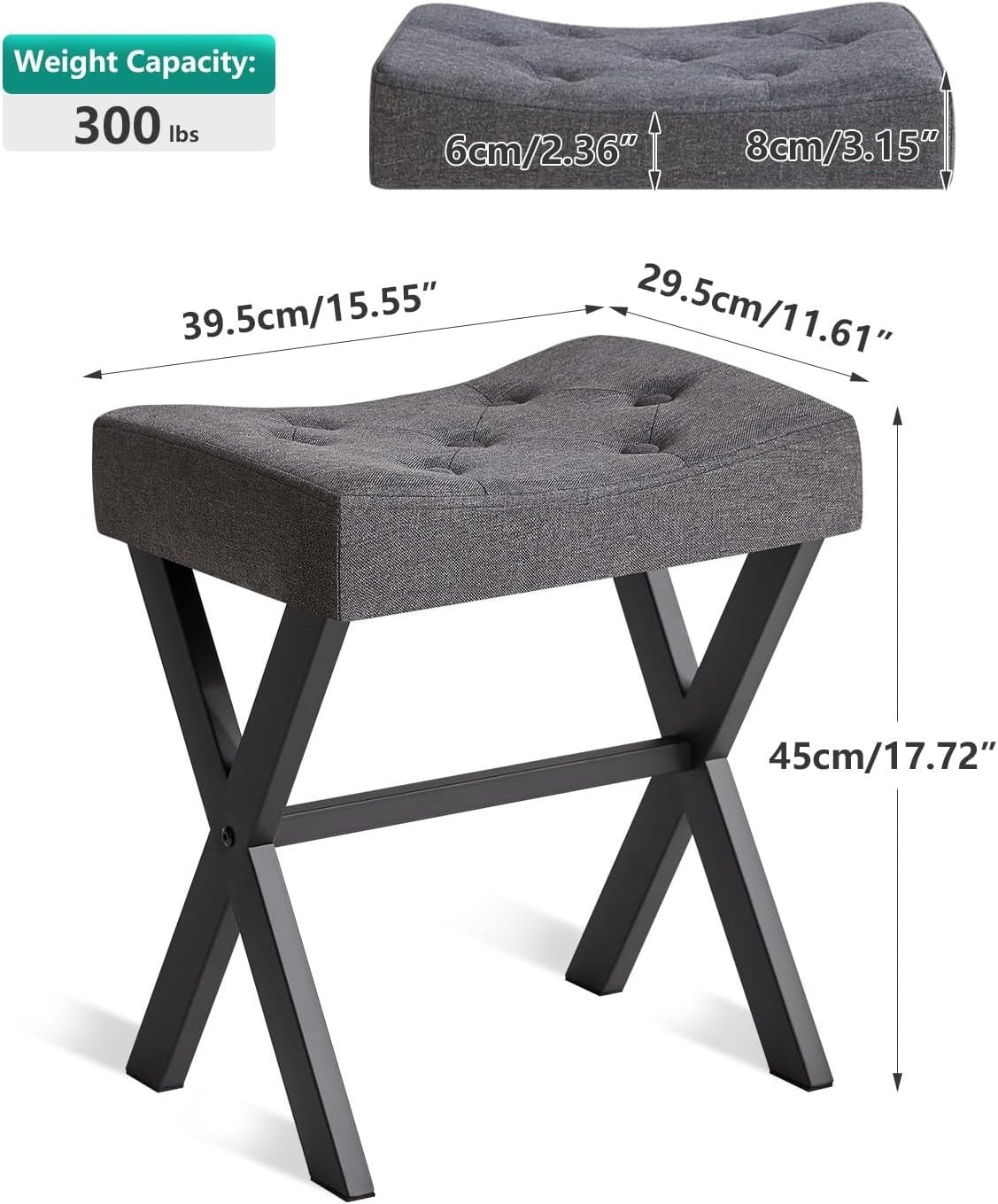 Dark Gray U-Shaped Vanity Stool with X-Leg – Linen Makeup Ottoman Seat