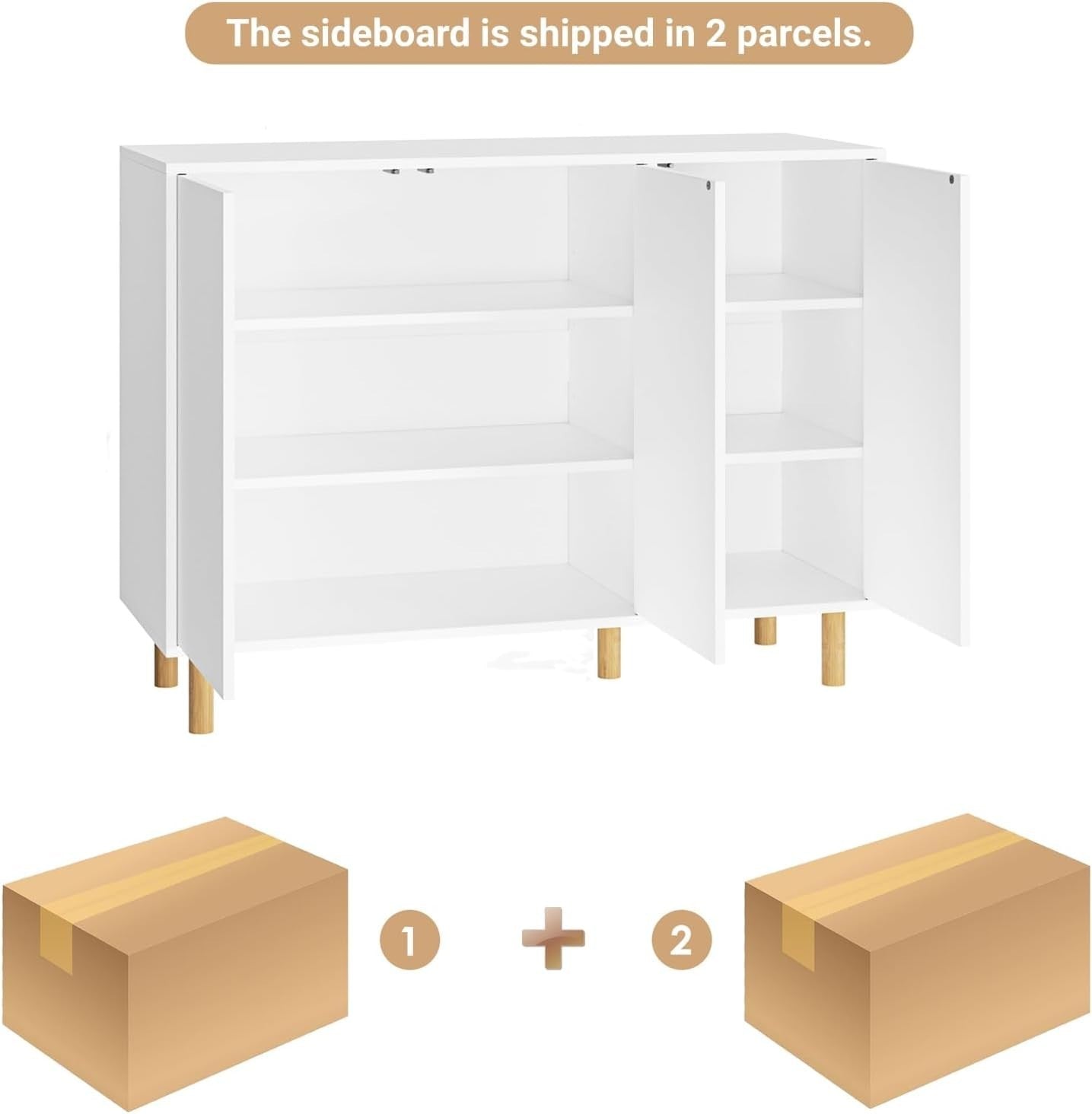 White Sideboard Cabinet 3 Door Storage Unit Adjustable Shelves 107cm Wide