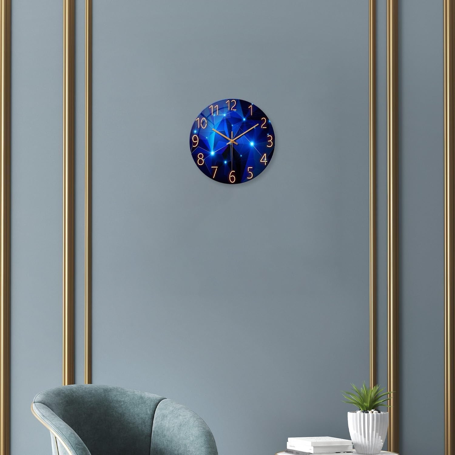 Modern 12 Inch Wall Clock Glass Silent Blue Design Home Living Room Decor