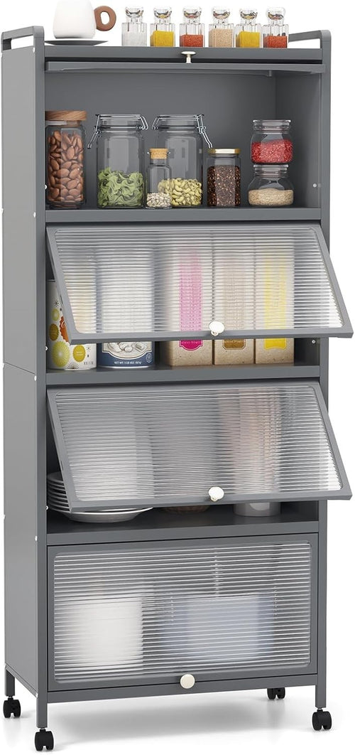 60x32x154cm Grey Rolling Kitchen Cabinet 5-Tier Pantry Storage with Wheels