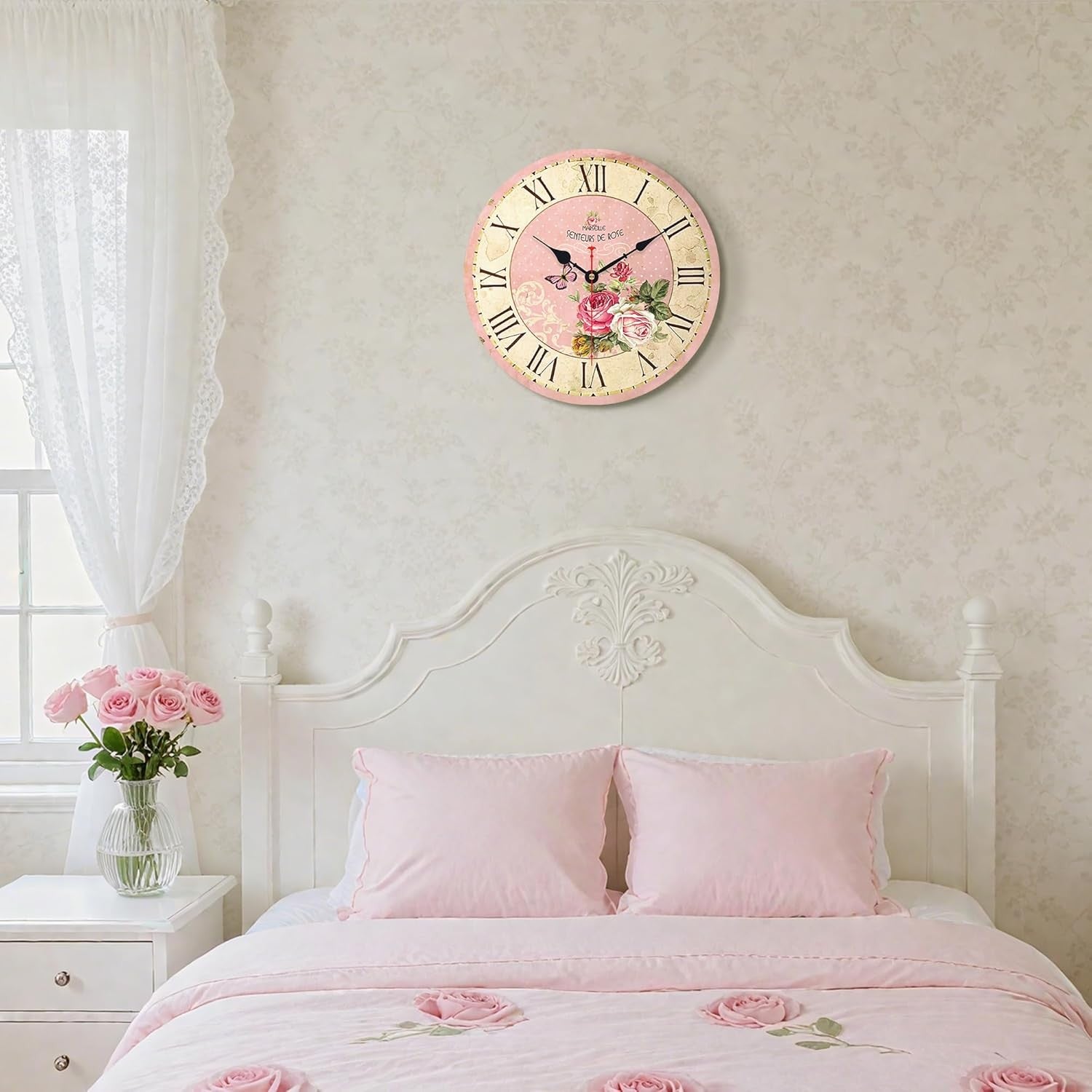 14” Vintage Pink Wooden Wall Clock Silent Non-Ticking Floral Roman Numerals Deco
