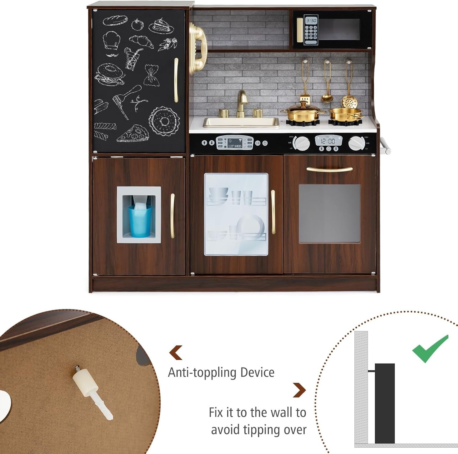 Kids Wooden Play Kitchen w/ Ice Maker Chalkboard Coffee Toy