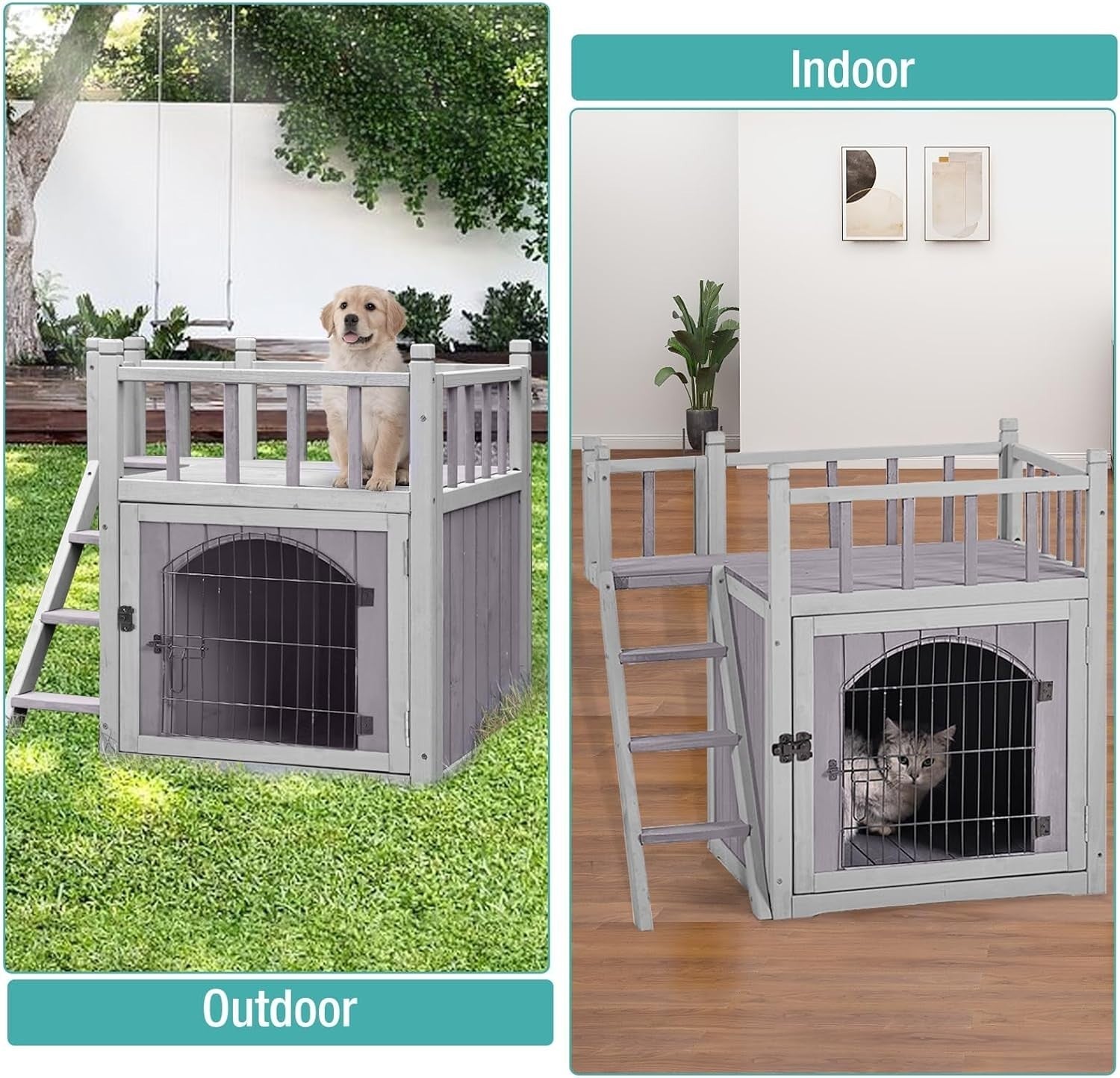 Weatherproof 2-Story Outdoor Wooden Cat & Small Dog House with Balcony