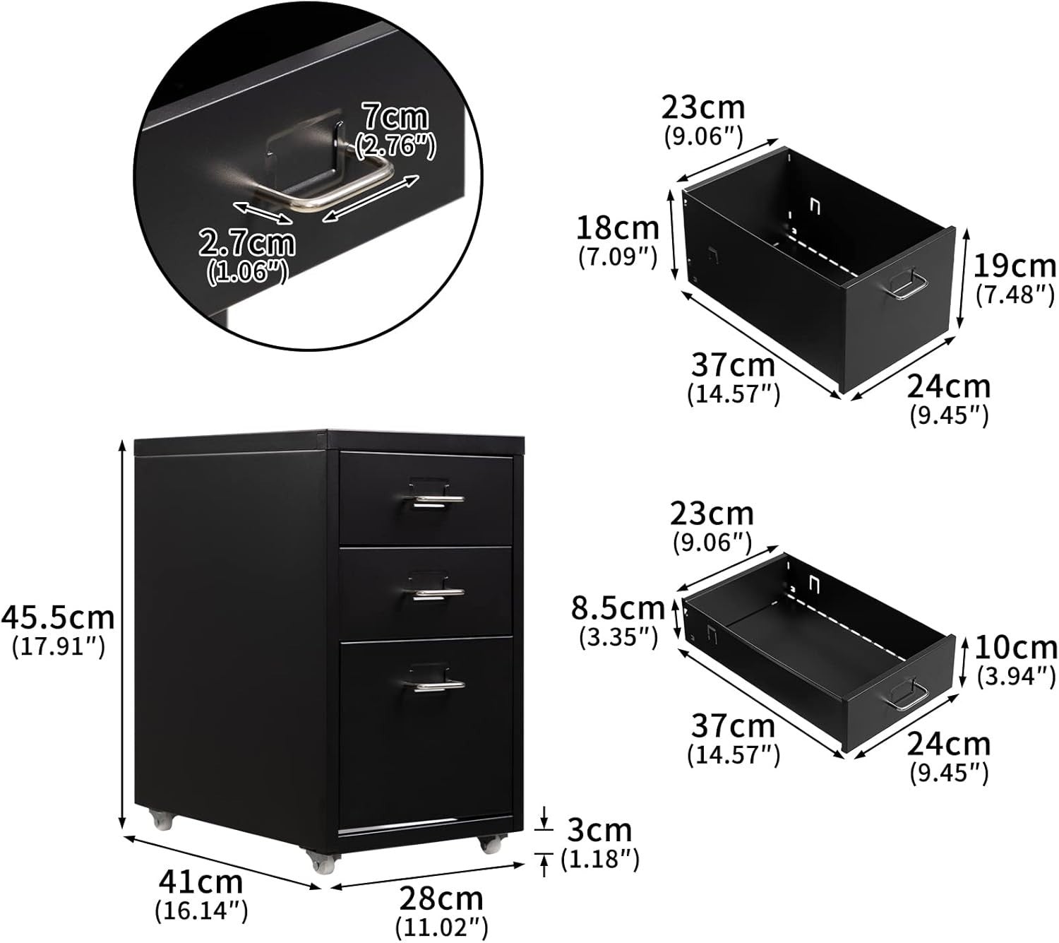 Black Metal Under Desk Drawer Unit 3 Tier Rolling File Storage