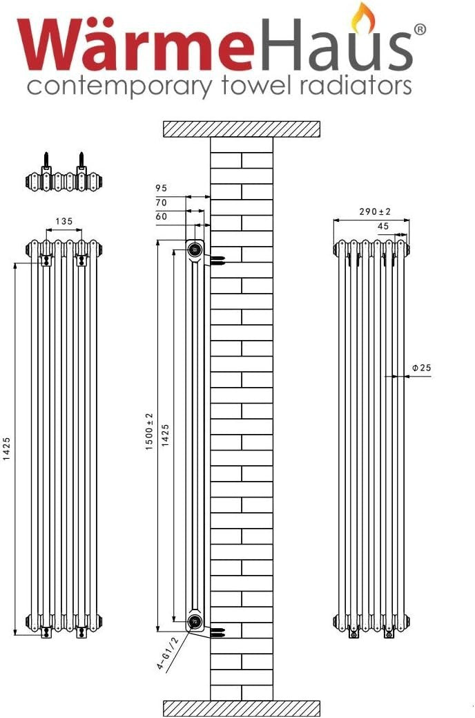 Vertical Cast Iron Radiator 1500x290mm Double Panel Anthracite Central Heating