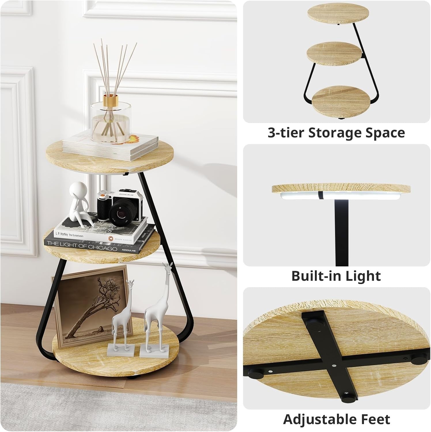 Oak LED Side Table Set – 3-Tier Bedside Coffee Tables with Storage