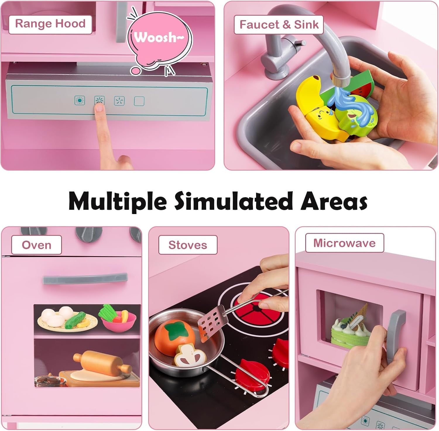Wooden Kids Play Kitchen Pink Ice Maker Sound Cooking Toy Set