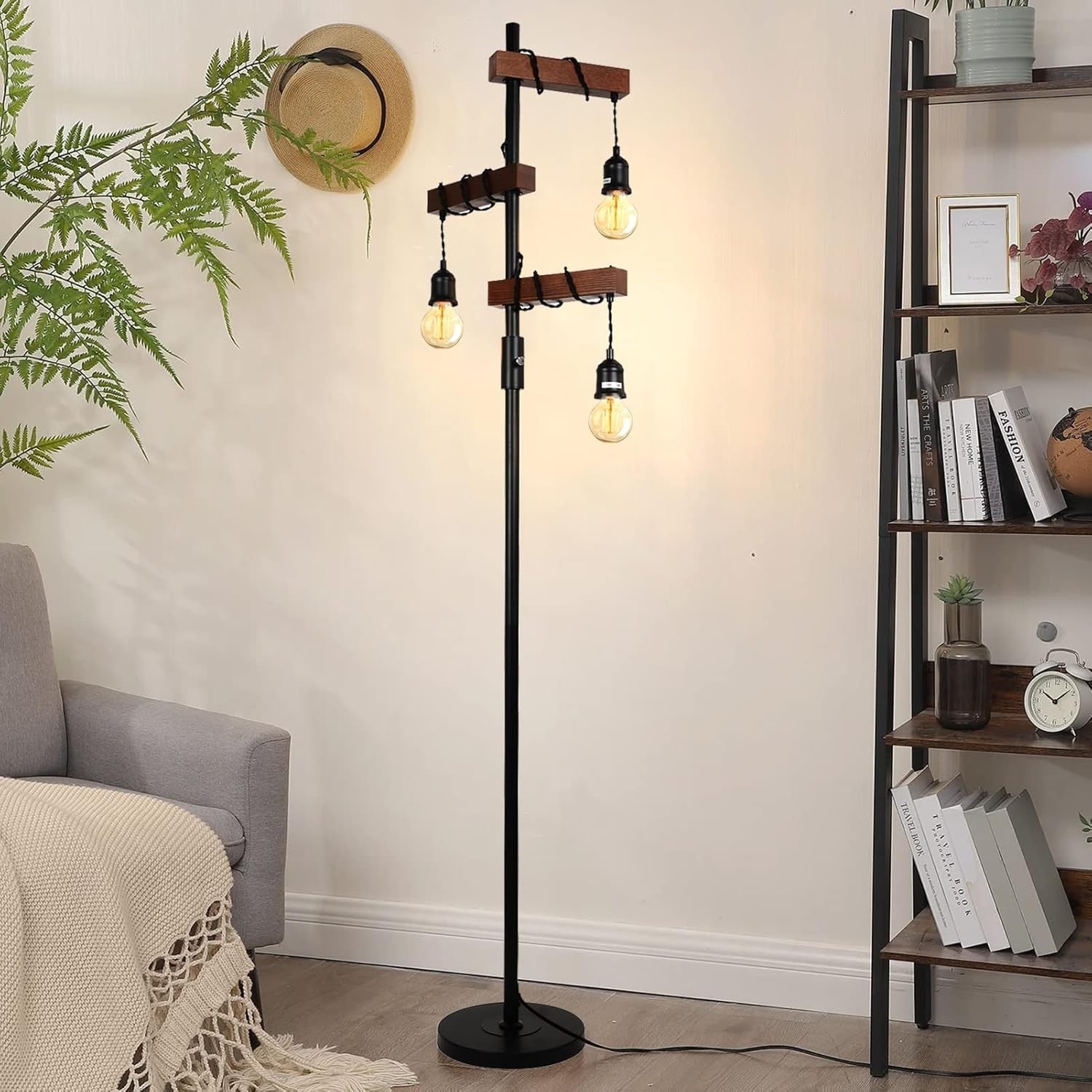 Industrial 3 Light Wooden Floor Lamp E27 Vintage Tree Standing Light