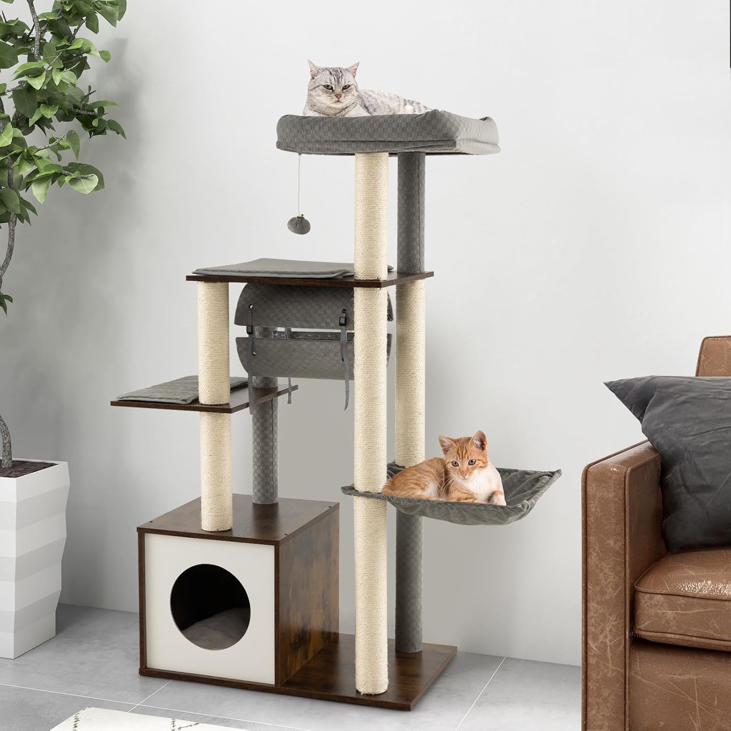 127cm Wooden Cat Tree Tower Condo Hammock Sisal Posts Swing Tunnel Indoor