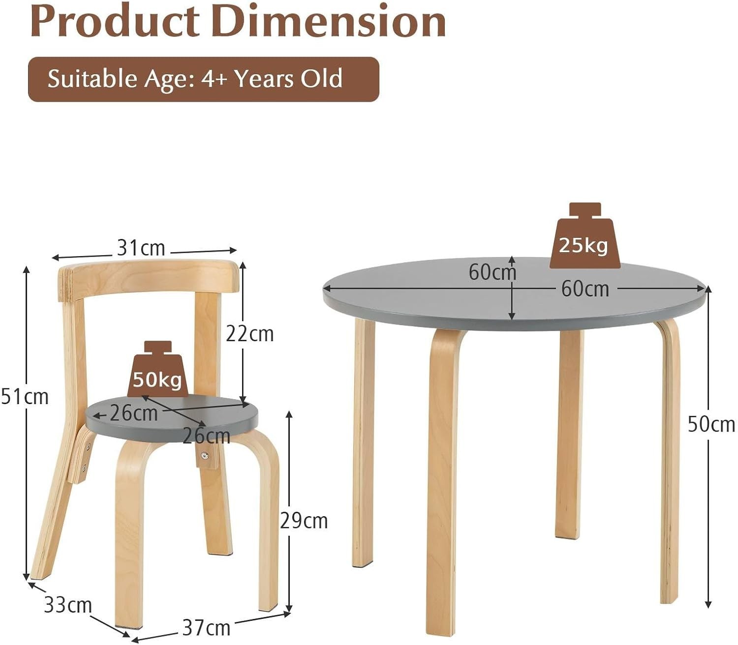 Kids Round Table & 4 Chairs Set Wooden Activity Desk Space-Saving Design