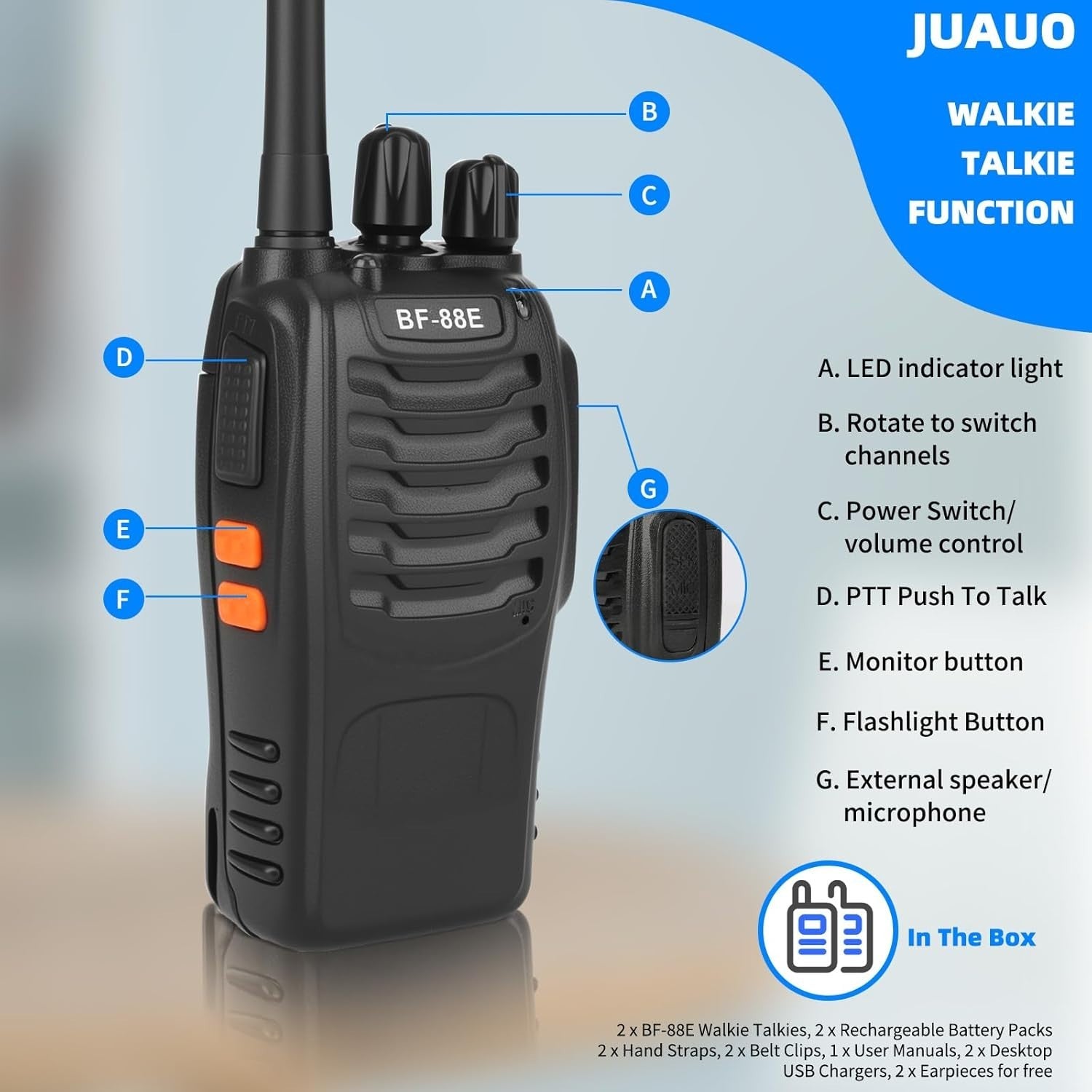 Long Range Walkie Talkies 16CH Rechargeable VOX w Earpieces 2 Pack