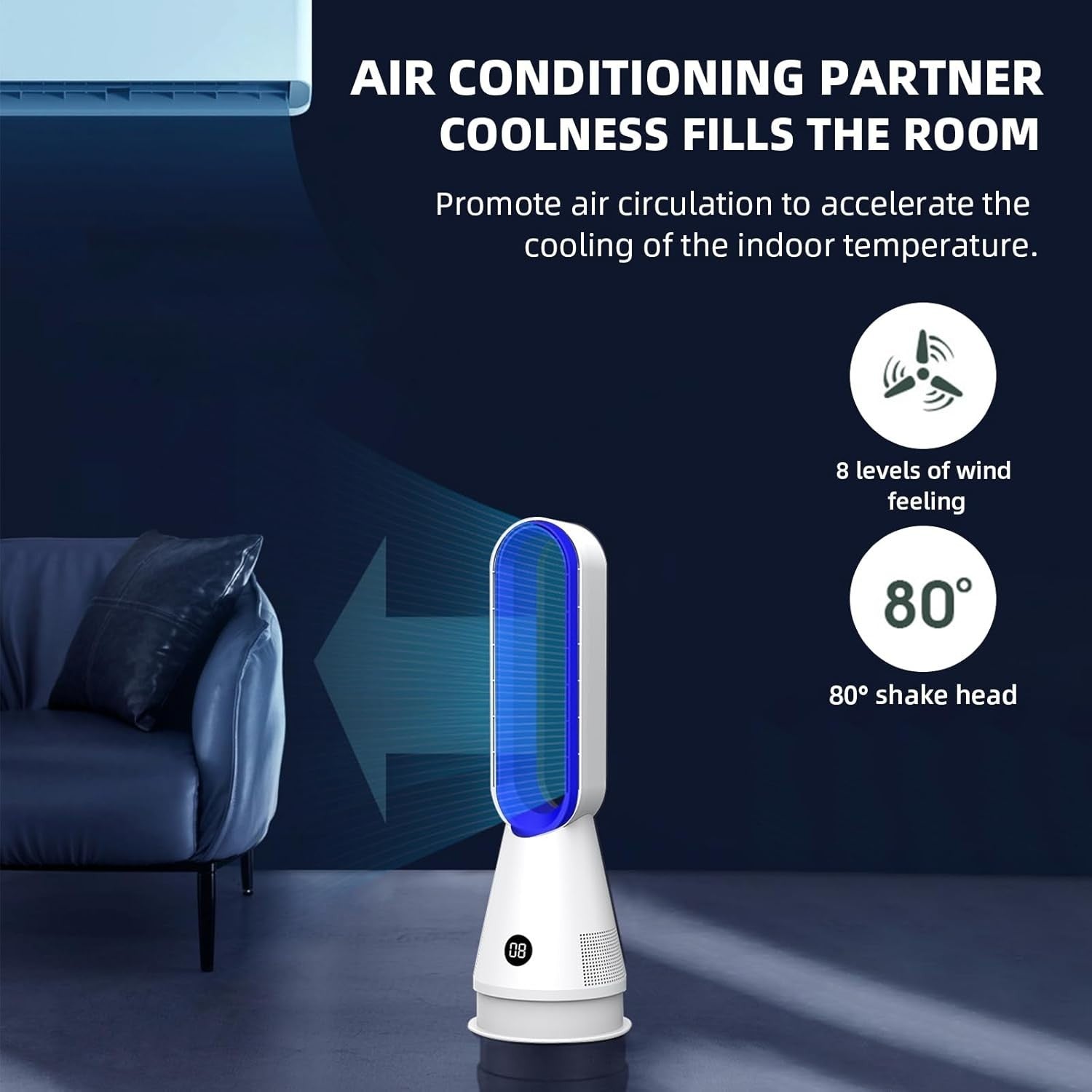 Grey Bladeless Tower Fan 8-Speed LED Display Quiet Cooling 9H Timer 32dB Modern