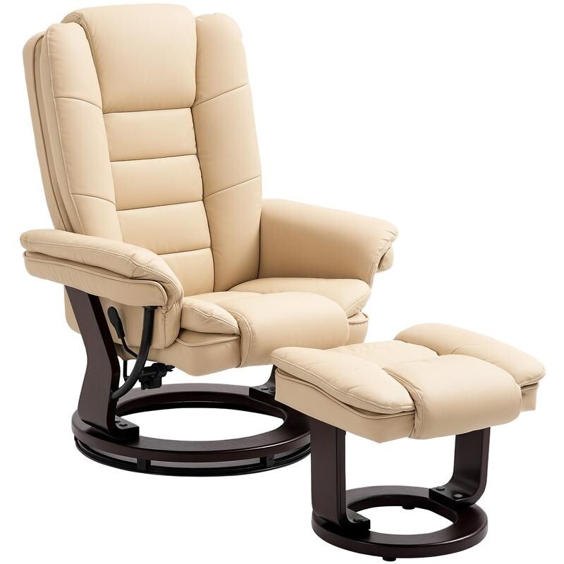 Recliner Chair & Footrest PU Leather Swivel Lounge Armchair w/ Wood Base