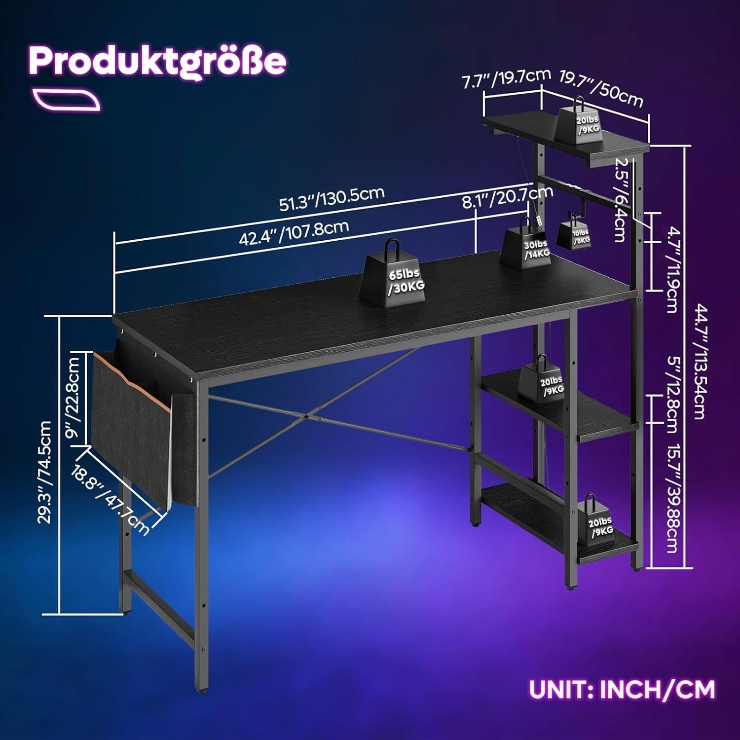 Black 140cm Reversible Gaming Desk w/LED Lights & Storage Shelves