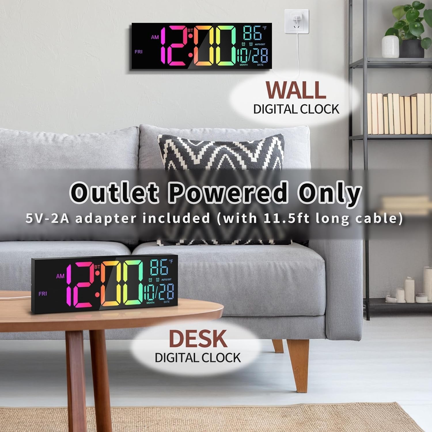 16.5" Large Digital Wall Clock RGB LED Display Temp Date Alarms Remote Sync