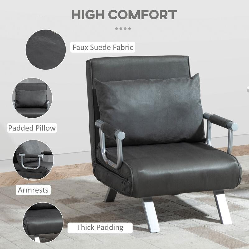 2-Seater Recliner Chair Sofa Bed – Adjustable Dark Grey Sleeper Seat w/ Pillow