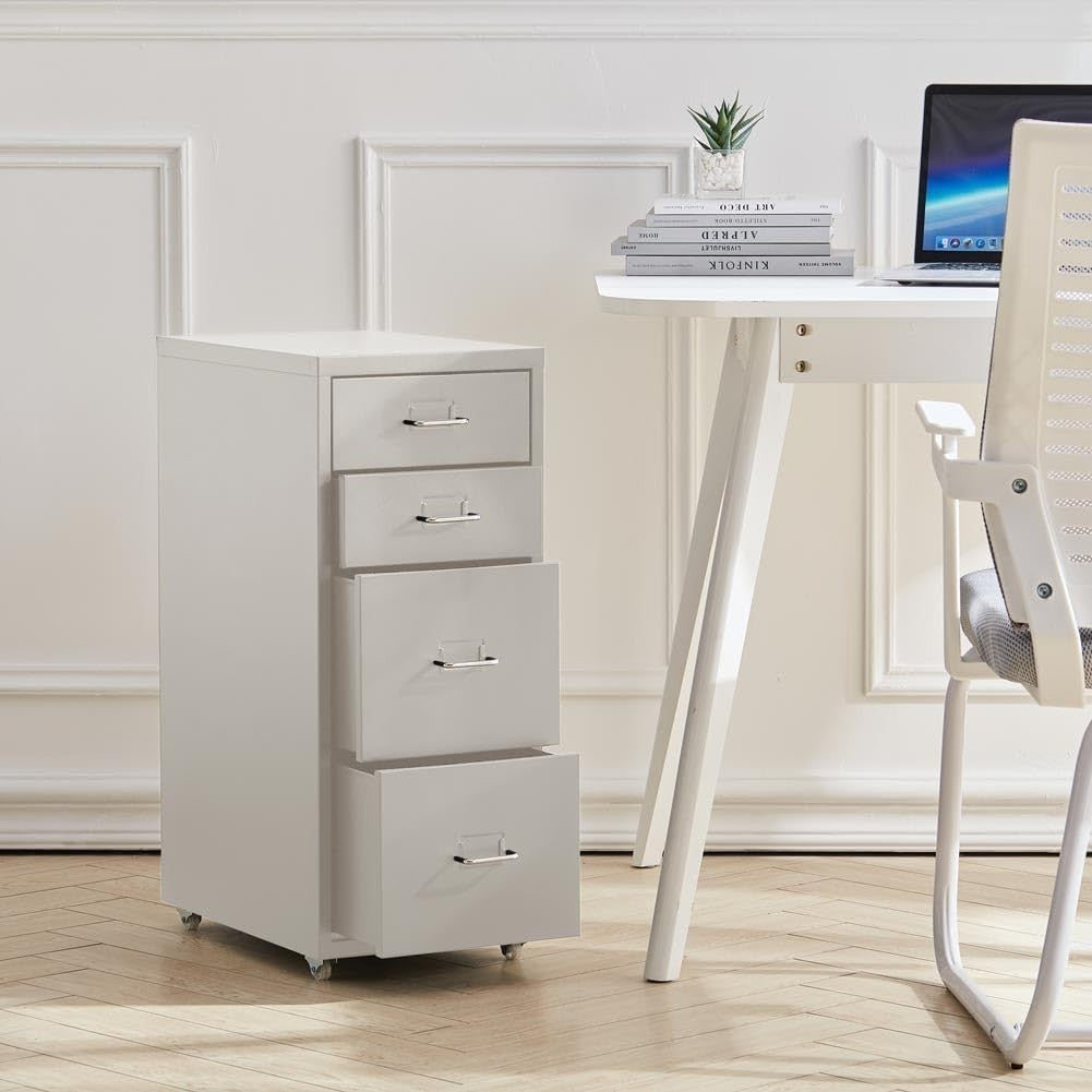 Slim Metal Rolling File Cabinet 4 Drawer Mobile Office Storage Unit