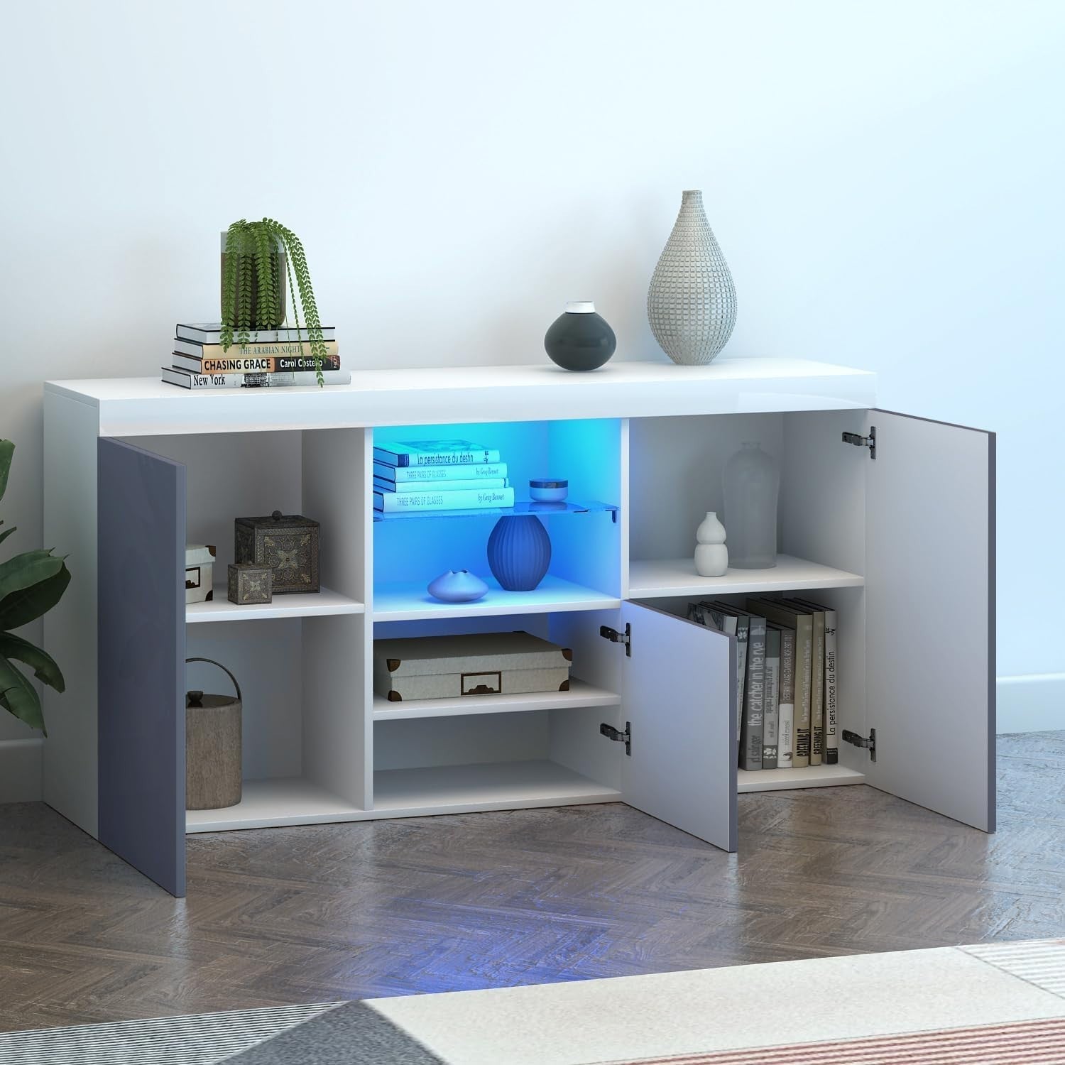 High Gloss Grey Sideboard Cabinet with LED Lights 3 Doors Storage Unit