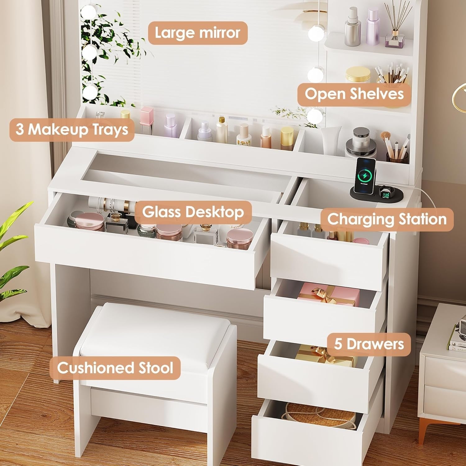 White Vanity Dressing Table Set LED Mirror Glass Top Charging Station 5 Drawers