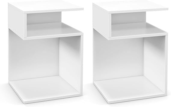S-Shaped Side Table Set of 2 Modern Narrow Bedside Tables with Storage Shelves