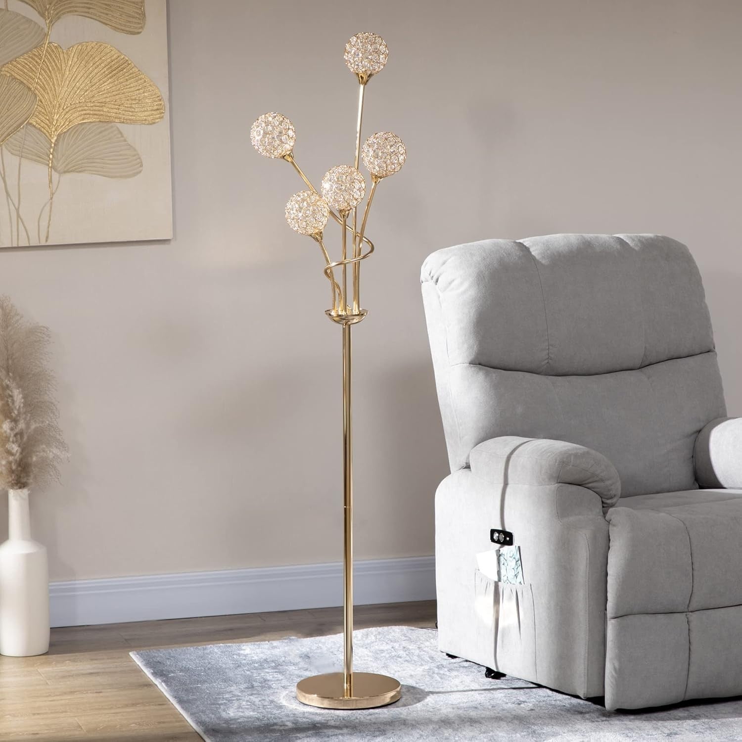 Crystal 5-Light Modern Floor Lamp G9 Elegant Tall Gold Stand for Living Room