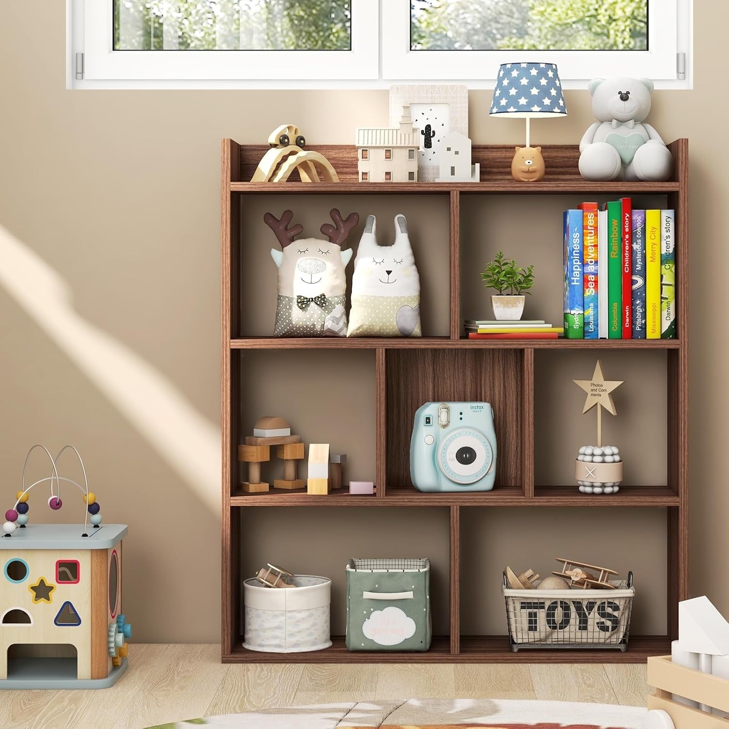 Walnut 7-Cube Bookcase Freestanding Storage Display Shelf with Anti-Topple Kit