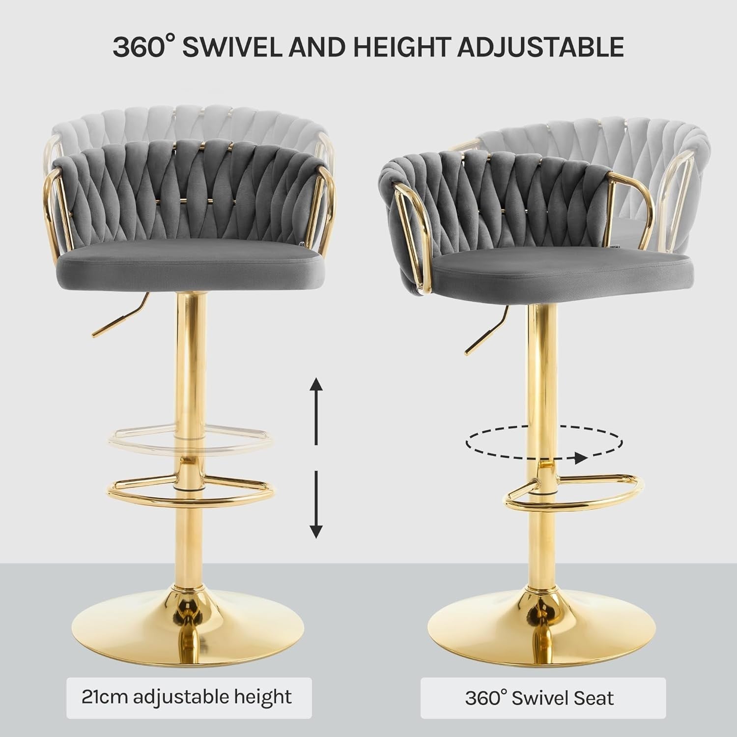 Adjustable Velvet Bar Stool Dark Grey 360° Swivel Kitchen Counter