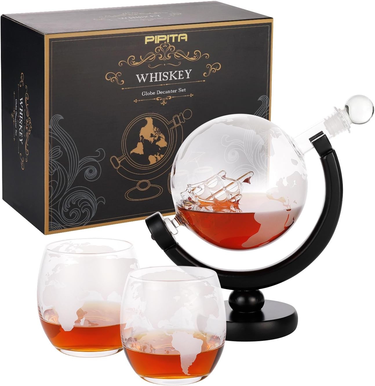 Whiskey Globe Decanter Set 850ml with Stand, 2 Glasses & Keychain Opener
