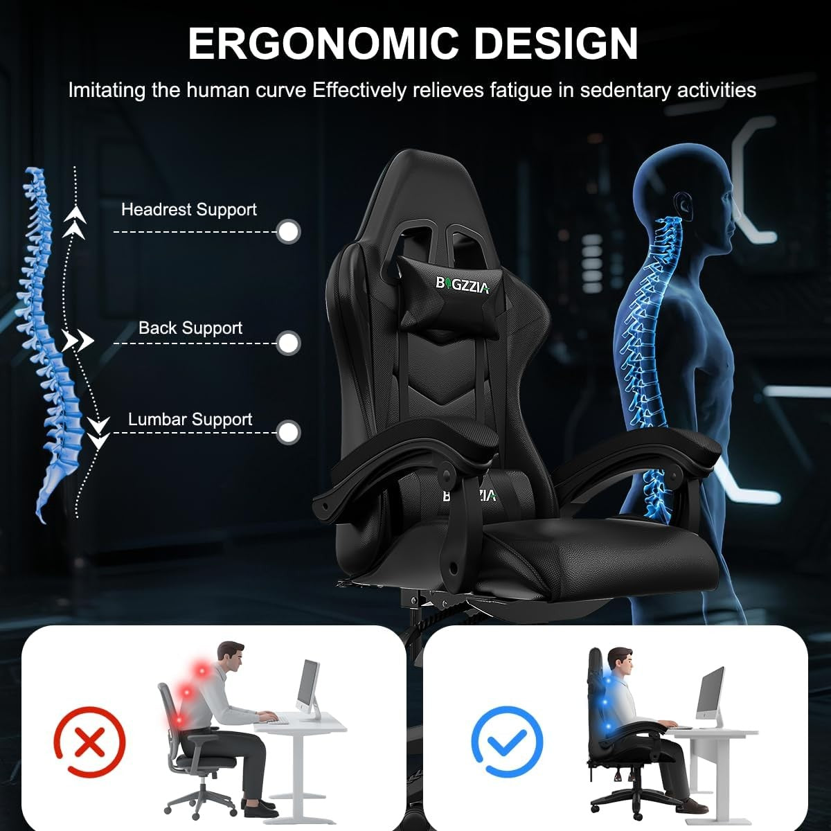 Gaming Chair w/ Bluetooth Speakers Reclining Ergonomic Black