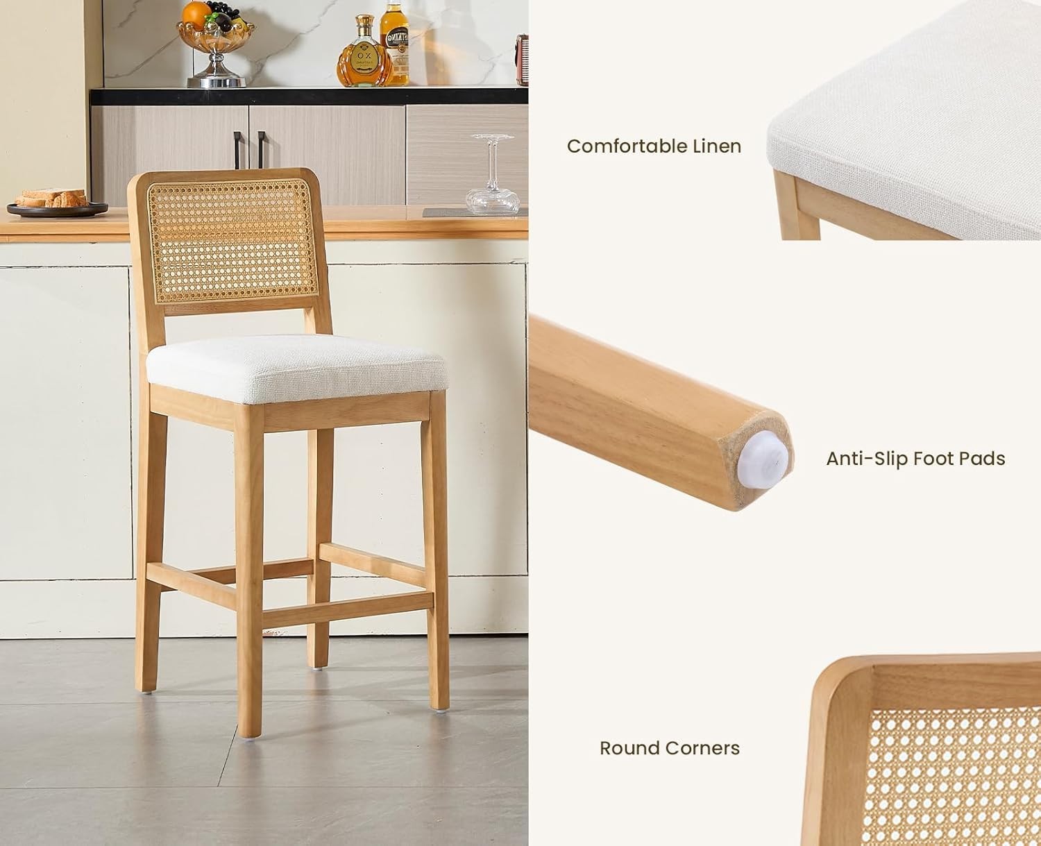 White Rattan Bar Stools Set of 2 Chenille Cushioned Counter Chairs Wood