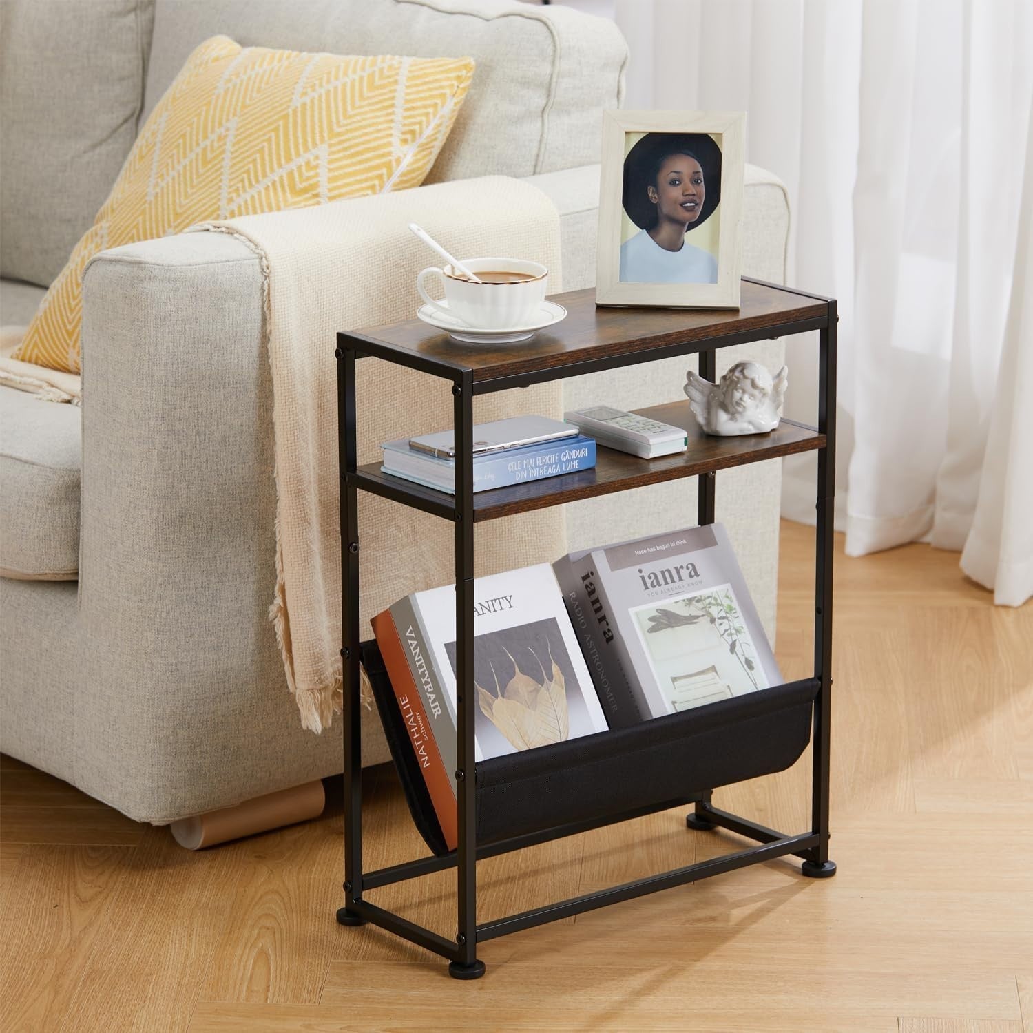 Slim Rustic Side Table with Magazine Rack – Narrow End Table for Sofa Bed